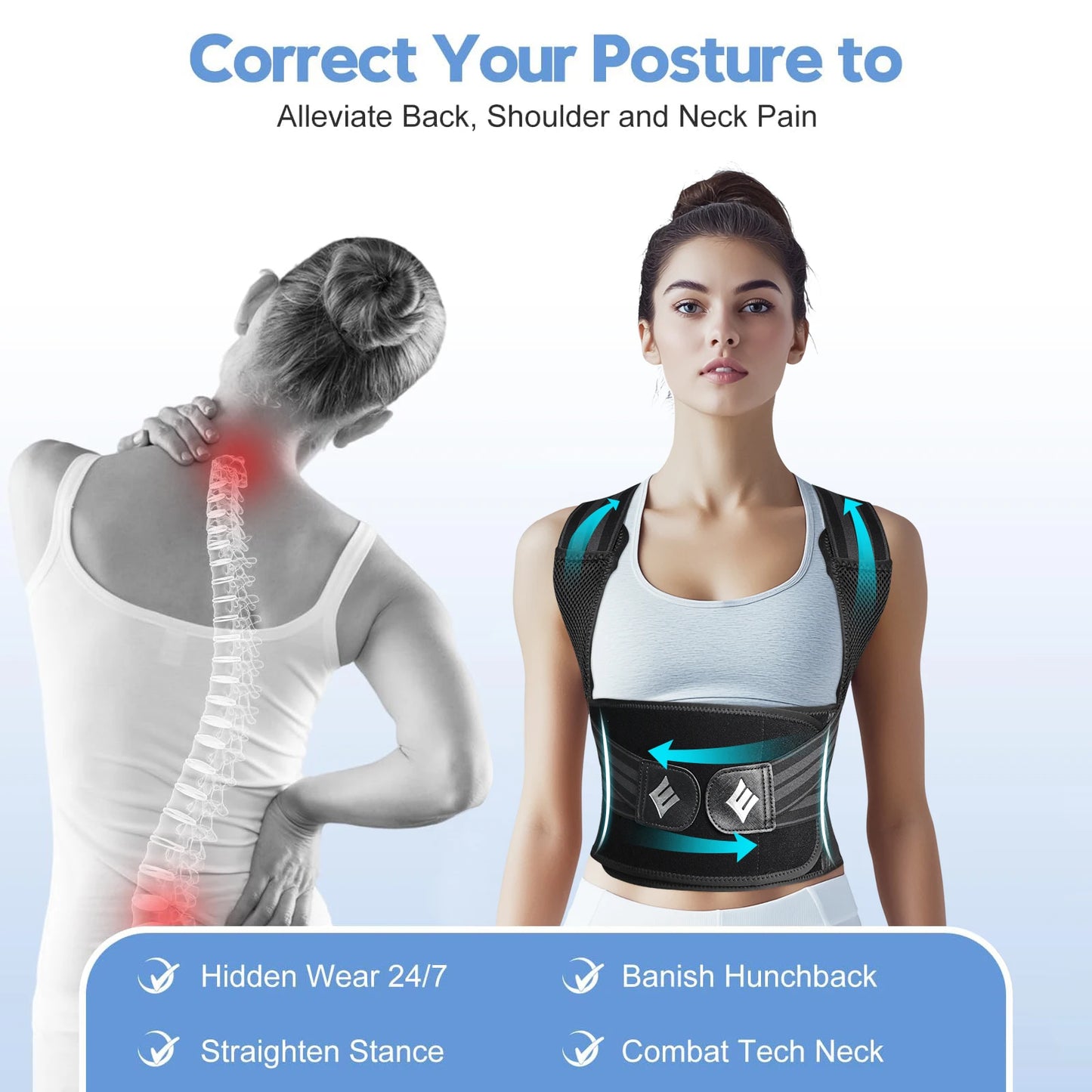 Posture Corrector - Adjustable Back Brace for Women Men - Back View | Alpha Medical Care